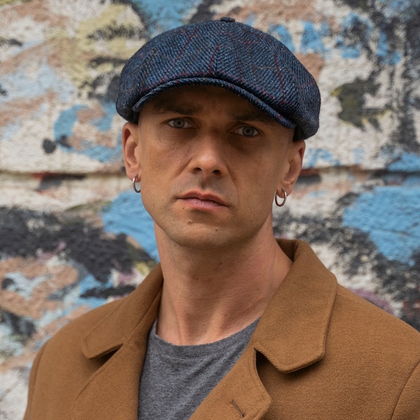 SHELBY Harris Tweed 8 Panel Newsboy Cap Baker Boy Hat Wool Peaky Gatsby Retro British Flat Cap Mens Vintage Gangster Classic BLUE-RED