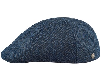 RUSTY Harris Tweed Duckbill Mens Flat Cap  Wool Cabby Driving Bicycle  Dai Duffer Joao's Crook Herring-Bone NAVY BLUE