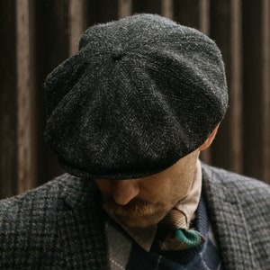 PEAKY Echte Schotse Harris Tweed 8 Panel Newsboy Baker Boy Cap Apple Bandit Grote Kroon Golf Hoed Gangster Wol ZWART-GRIJS afbeelding 8