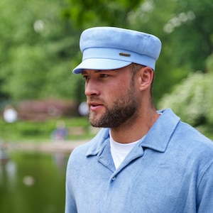 FIDDLER Linen Greek Fisherman Peaked Cap Jewish Airy Lightweight Sailor Boatman Mariner Barge Urban Summer Cab Milkman Sun Hat BLUE