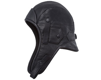 KARELIA Echt Lederen Pilot Aviator Motorcycle Cap Polar Fleece Katoen Voering Steampunk Chapka Ushanka Trooper Earflap Sherpa Hat BLACK