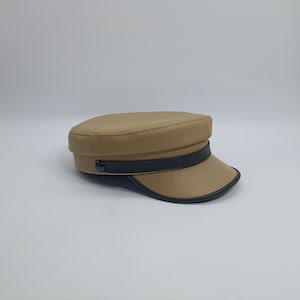 SALE!-TRAWLER 58cm Genuine Leather Breton Greek Fisherman Cap Sailor Captains Nautical Skipper Seaman Mariner Boatman Seafarer BEIGE-bROWN