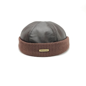 NAVY HORLOGE 58 cm leren dockerpet bruine Dock Worker Stuwadoor Longshoreman pet met ribbels Sailor Military wintersok Skull Skin Hat