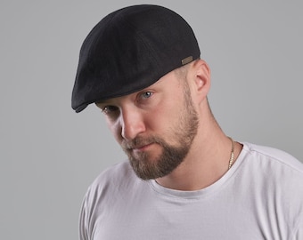 RUSTY Linen Duckbill Mens Summer Flat Cap Cabbie  Driving Bicycle  Duffer Bunnet Crook Cheese-Cutter Jeff Scally Joao BLACK