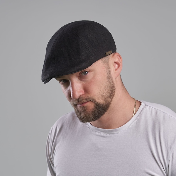 RUSTY Linen Duckbill Mens Summer Flat Cap Cabbie  Driving Bicycle  Duffer Bunnet Crook Cheese-Cutter Jeff Scally Joao BLACK