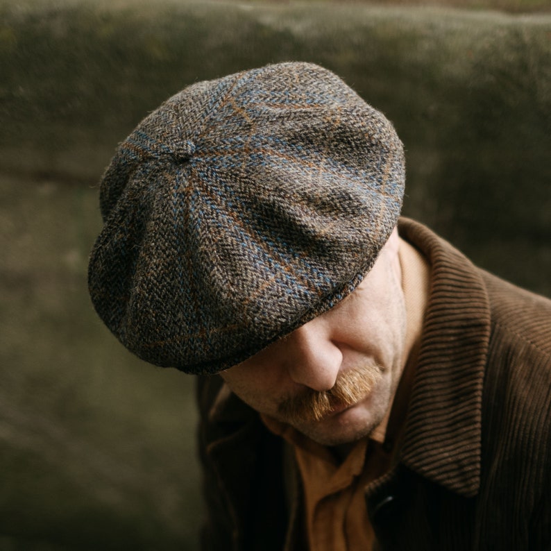 PEAKY Genuine Scottish Harris Tweed 8 Panel Newsboy Cap Apple Bandit Hooligan Large Crown Golf Hat Wool BROWN-bLUE image 8