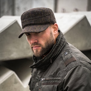 PATROL Harris Tweed Wool Patrol Cap Jockey Hat Military Hunting Baseball Cap Adjustable Leather Strap Outdoor Sports Snapback BLACK-YELLOW