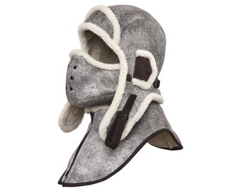 VENTE - HUSKY casquette de moto pilote aviateur en cuir peau de mouton retournée hiver col amovible masque steampunk Ushanka Trooper marron-blanc