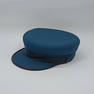 SALE!-RINGO 54cm Waxed Cotton Peaked Cap Breton Style Leather Strap Cabbie Chauffeur Greek Fisherman Captains Sailor Skipper Fiddler BLUE