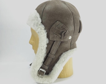 SALE BOMBER 57cm Leather Trapper Cap brown Shearling Winter Chapka Ushanka Pilot Genuine Earflap Trooper Sherpa Russian Soviet Warm Ear Tabs