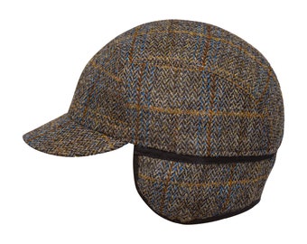 HUDSON Echte Schotse Harris Tweed Zuivere Wol Oorflap Winter Cap Visgraat Deense Patrouille Honkbal Trucker Oor Tab Militaire Hoed BRUIN-BLAUW