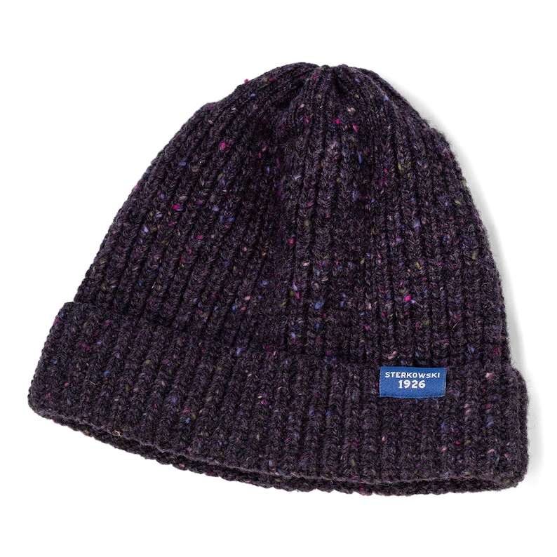 May include: A dark purple knit beanie with a ribbed design. The hat has flecks of color throughout and a small blue tag that reads "STERKOWSKI 1926". This winter hat is a warm accessory.