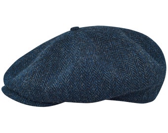 PEAKY Genuine Scottish Harris Tweed 8 Panel Newsboy Cap Apple Bandit Hooligan Large Crown Golf Hat Wool BLUE-bLACK