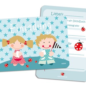 Einladungskarte zum Kindergeburtstag Zwillinge Zwillingspaar in Blau von Millimi