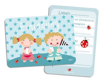 Invitation card for children's birthday parties Gemini twin pair in blue by Millimi