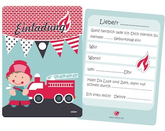 Invitation to the children's birthday party fire brigade boy in blue red by Millimi