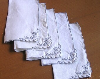 Set of 5 Vintage Silver Edged Linen Napkins