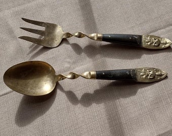 Vintage 1970's Twisted Neck S. Thailand Brass Large Salad / Pasta Fork and Spoon - Indian Goddess Brass Fork & Spoon Set