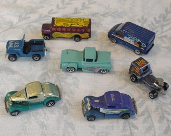 Vintage Diecast Miniature Car De-Stash - 7 Different Cars - 1979 Hot Wheels Cal Custom - 1988 Hot Wheels Purple Hippie Bus - Much More