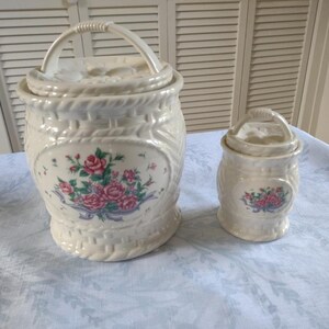 Vintage Basket Weave Roses Cookie Jar, Flour Canister w/ Mini Rose Basket Jar, Basket Handled Storage Jars, 1970s Kitchen, Retro Cookie Jar