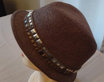 Vintage Brown Tweed Bucket Fedora Walking Hat - Vintage Men's Fedora Metal Stud Trim - Retro Men's Narrow Brim Hat