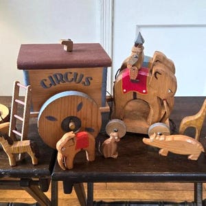 1940's Spielwaren Hageneier Wooden Circus Pull Toy w/ Double Elephant Leader & Articulated Rider, 8 Animals, Wooden Ladder and Circus Ring