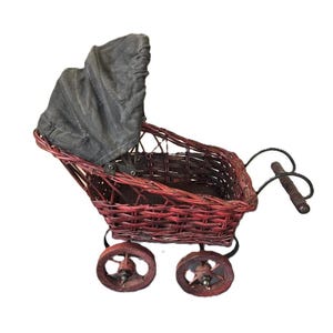 Vintage Wicker Doll Carriage, Miniature Antique Stroller, Vintage Prim Decor, Doll Collectors Gift, Girls Room Decor