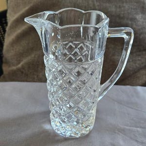 Vintage Miniature 6 1/4&quot; Crystal Diamond Cut Syrup Pitcher - Lead Crystal Pitcher - Home Bar Pitcher, Wedding Gift, Housewarming Gift