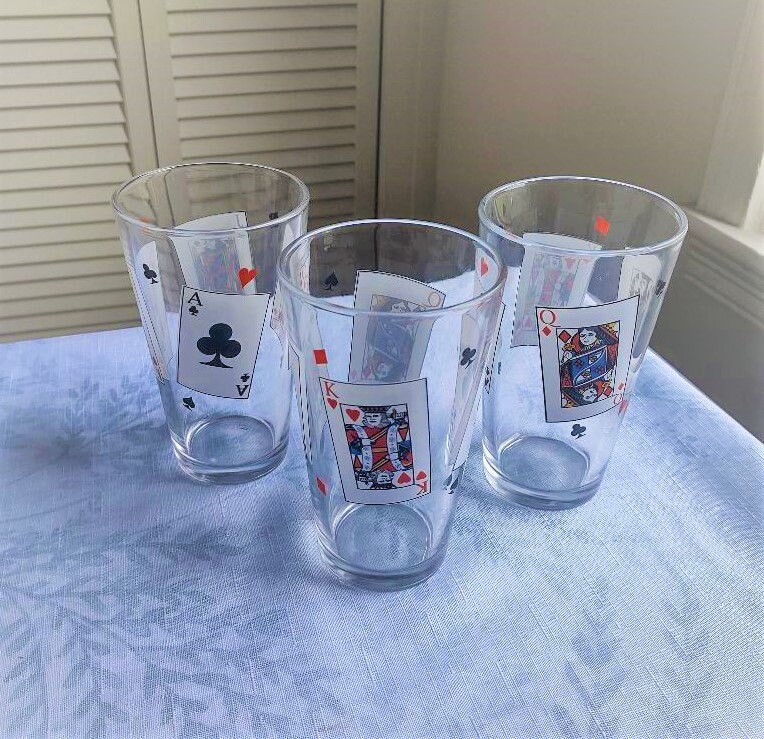 Vintage MCM Playing Card Glasses, Set of 3 Poker Cards Iced Tea Glasses