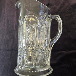 Vintage 1960&#39;s Starburst Cut Heavy Glass Large Pitcher, Cut Glass Water Pitcher, Ice Tea Pitcher, Wedding Gift, Housewarming Gift