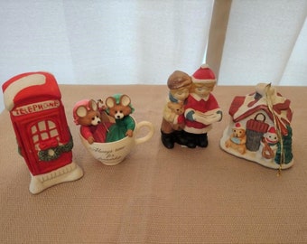 Set of 4 Vintage Christmas Village Decorations - Telephone Booth - Christmas Cottage - Carolers - 1989 Hallmark Friendship Mouse Ornament