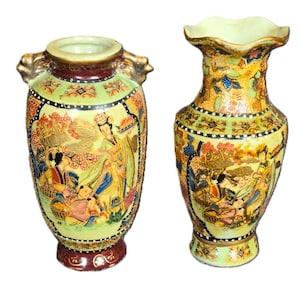 Vintage Pair Cloisonné Chinese Miniature Vases, Geisha Garden Mini Cloisonné Vases, Elegant Asian Decor, Mini Porcelain Hand Painted Vases