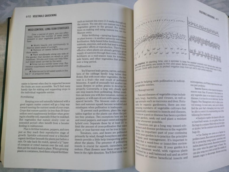 May include: A close-up of a page from a gardening book with a section on weed control, long-term strategies, and a section on fertilizing. The text discusses using mulch, windbreaks, and cover crops to control weeds. It also mentions the importance of keeping soil naturally balanced with good organic matter.