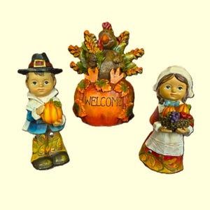 Vintage Cast Resin Thanksgiving Figurines, Vintage Pilgrims & Thanksgiving Turkey, Fall Home Decor, Harvest Pumpkin w/ Turkey, Harvest Decor