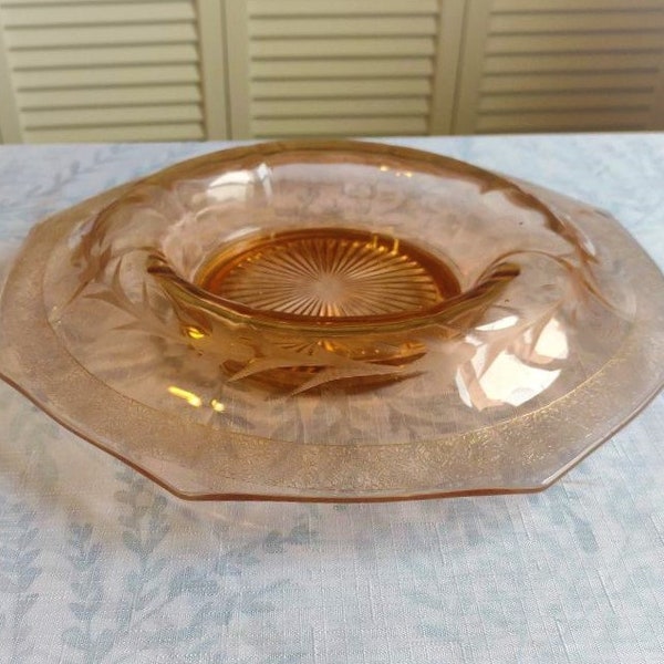 Vintage Pink Depression Waterfall Gold Edged Centerpiece Bowl, Rolled Edge Console Display Bowl, MCM Coffee Table Bowl, Statement Bowl