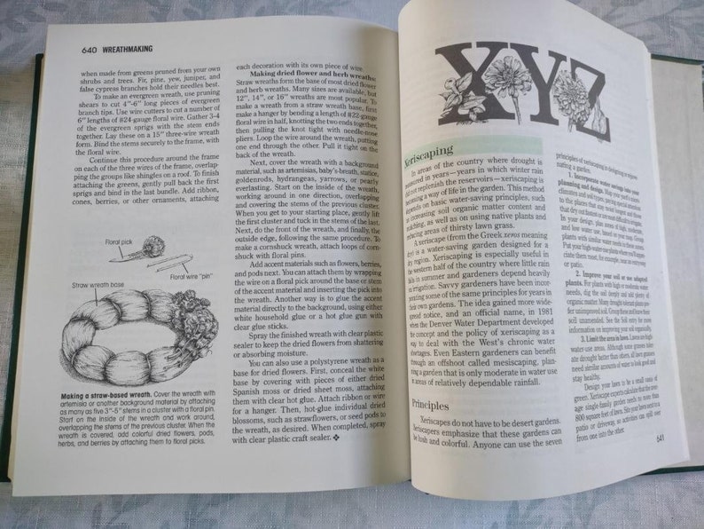 May include: A book open to two pages with text and illustrations about wreath making and xeriscaping. The left page shows a diagram of a straw wreath with floral wire and a floral pick. The right page shows the letters X, Y, and Z made of green leaves and flowers.