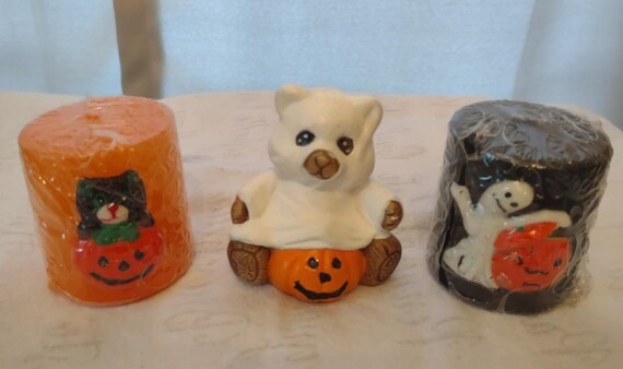 Vintage Halloween Decor Trio: Bear Ghost & Cat Candles With  display picture 1