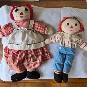 Vintage Hand Made Raggedy Ann & Knickerbocker Raggedy Andy, Rustic Ragdolls, 1970&#39;s Raggedy Ann and Andy
