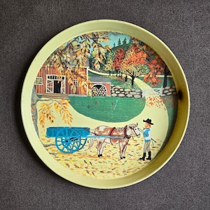 Vintage Meister Primitive Farm Metal Tray, Vintage Farmhouse Tray, Country Casual Tin Tray, Amish Farm Scene Tray