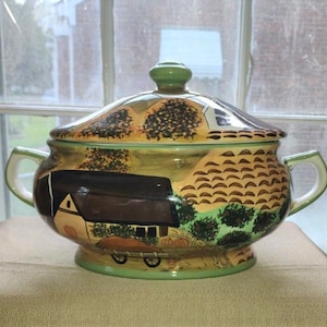 Vintage WCL Fall Harvest Soup Tureen - Thanksgiving Soup Tureen - Hand Painted Farm Harvest Ceramic Soup Centerpiece