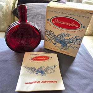 Vintage Wheaton Andrew Johnson Ruby Red Glass Decanter with Original Box & Paperwork