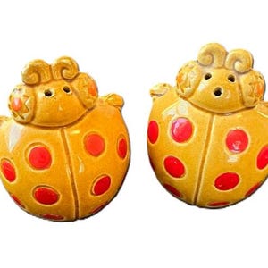 May include: A set of two ceramic ladybug salt and pepper shakers. The shakers are yellow with red polka dots and have a 3D ladybug design.