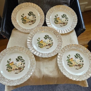 Antique American Limoges Chateau France 22K Gold 9 3/4&quot; Fluted Dinner Plates, Set of 5, Elegant American Dining,
