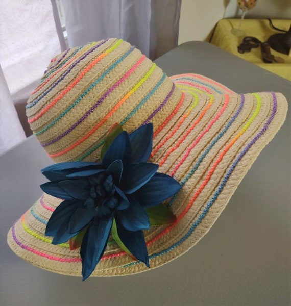 Vintage 100% Paper Woven Summer Beach Hat - Neon S