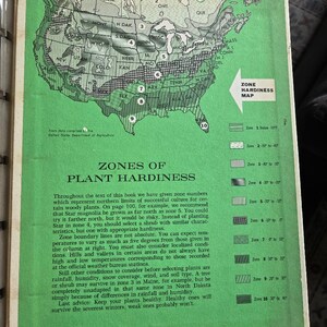 May include: Vintage book page featuring a green map of the United States with numbered zones, indicating plant hardiness. The map is accompanied by text explaining the zones and their significance for plant selection. The page is from the United States Department of Agriculture.
