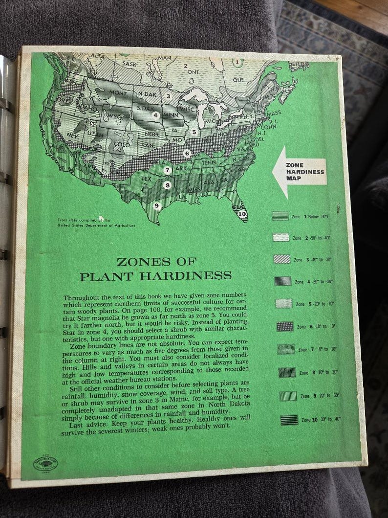 May include: Vintage book page featuring a green map of the United States with numbered zones, indicating plant hardiness. The map is accompanied by text explaining the zones and their significance for plant selection. The page is from the United States Department of Agriculture.