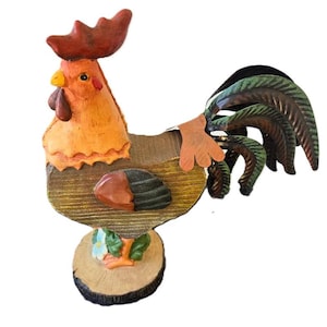 Vintage Rooster Garden Porch Statue, Molded Rooster with Metal Tailfeathers, Outdoor Farm Decor, Front Porch Decor, Country Kitchen