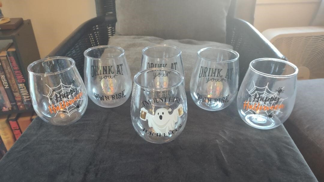 Vintage Halloween Plastic Drinking Snifters, Set of 6 Skull, Ghost and Spider Unbreakable