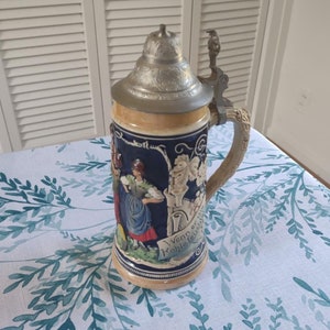 Vintage German Beer Stein / Beer Mug 1960s / Man Cave Decor / Fathers Day Gift / Decorated Beer Stein