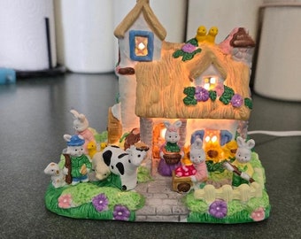 Vintage 1999 Lighted Cottontale Cottage Hand Painted Porcelain Farm, Vintage Easter Bunny Farmhouse, Vintage Easter House